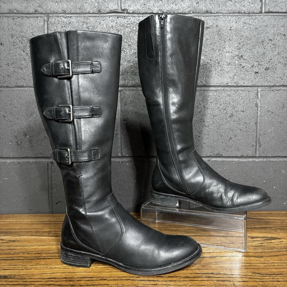 ECCO Boots Black Leather Knee High Riding Zip Buckle Block Heel Women’s 39/8.5